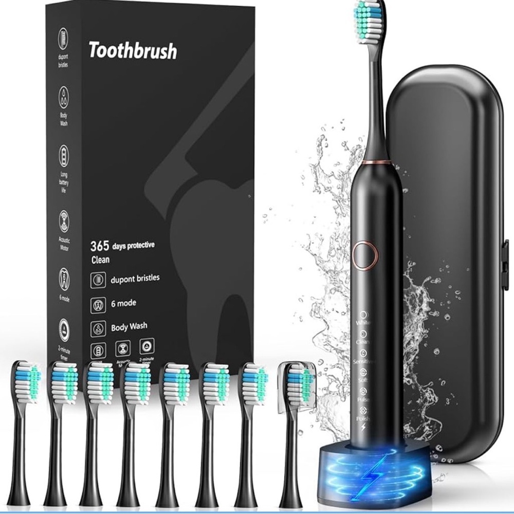 Electric Toothbrush with 8 Brush Heads - Black